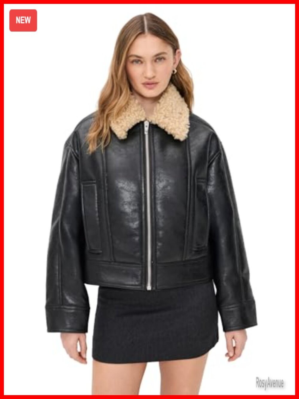 Faux Fur Aviator Jacket with Point Collar and Zipper